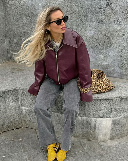 Women Vintage Wine Red Faux Leather Jakcet Fashion Outerwear Zipper Lapel Pu Coats Autumn Winter Streetwear Ladies Short Tops