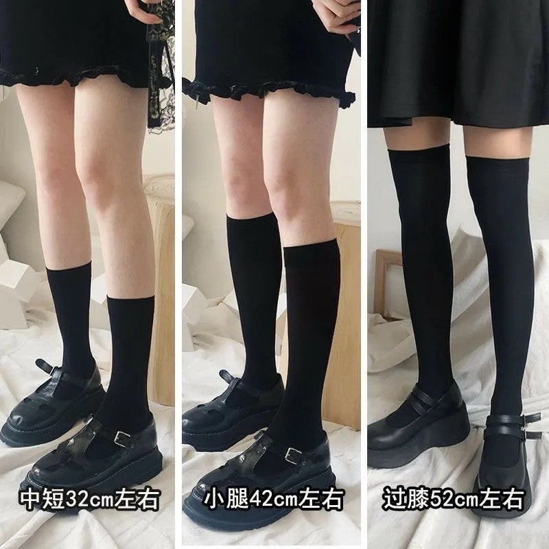 JK Women Black White Knee High Lolita Socks Lady Girls Over Knee Cute Long Sock Thin Breathable Solid Color Stockings For Women
