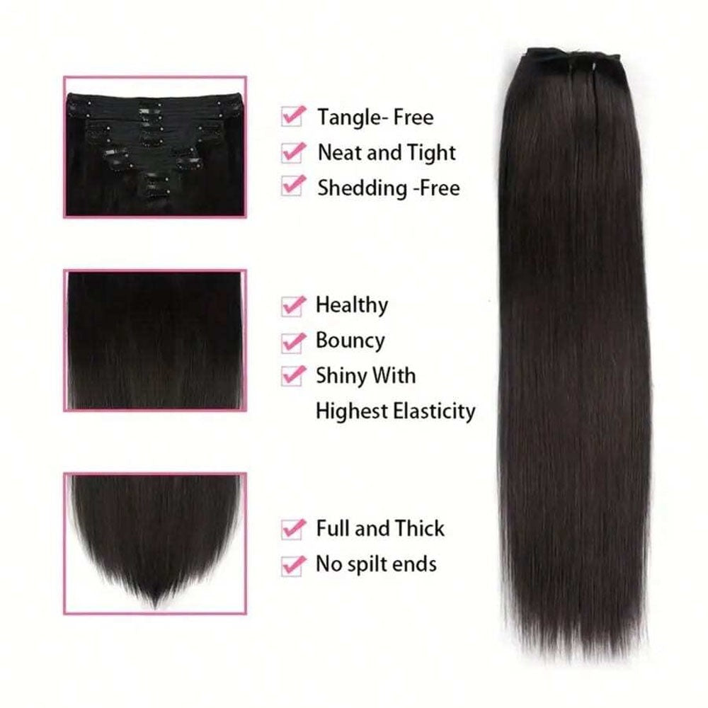 24 Inch 250 % Density Clip In Hair Extensions Real Human Remy Black For Women Invisible Natural Straight Seamless 8pcs 100g