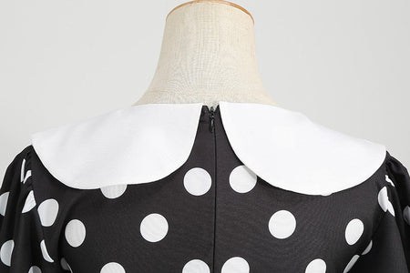 Elegant Women Summer Dress Puff Short Sleeve Polka Dot Peter pan Collar Vintage A-line Midi Long Party Sundress