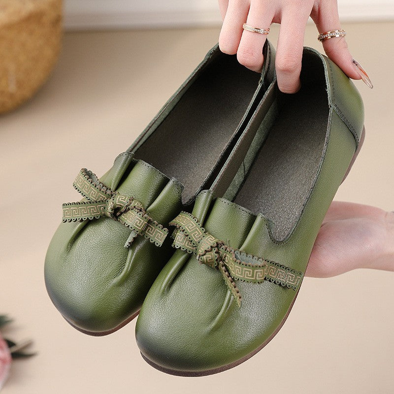 Vintage Plain Oxfords Shoes Women's Genuine Leather Flats Ladies Laced Up Moccasins Elderly Woman Square Toe Driving Loaferss