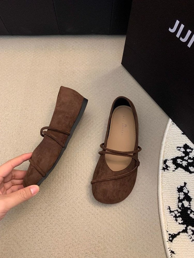 Women's Elegant Brown Mary Jane Flats French-Style Suede Loafers Spring/Autumn Collection Flat Shoes for Casual Wear