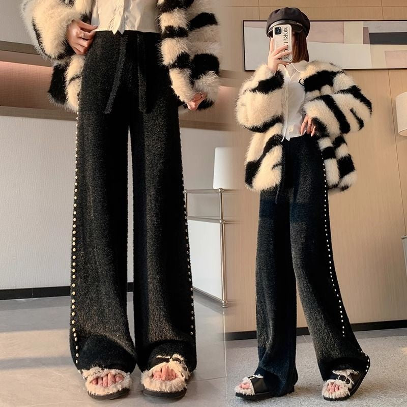 Pink Mink Fur Nail Bead Knitted Wide Leg Pants for Women in Autumn and Winter Lazy and Relaxed Casual Straight Leg Long Pants