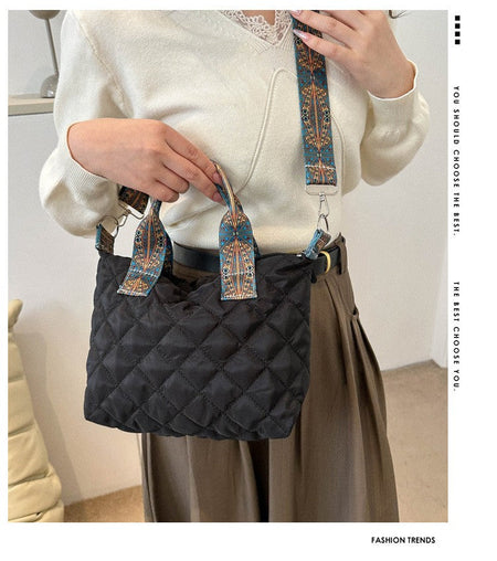 Women Wide Shoulder Belt Handbag Fall/Winter Rhombus Space Cotton Shoulder Bag Large Capacity All-Match Shopping Tote Bag