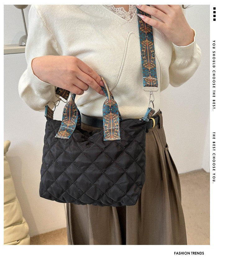 Women Wide Shoulder Belt Handbag Fall/Winter Rhombus Space Cotton Shoulder Bag Large Capacity All-Match Shopping Tote Bag