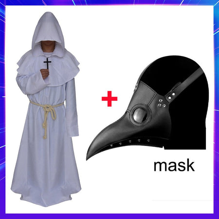 Halloween Wizard Cosplay Medieval Monk Hooded Robe Costume Mask Hat For Men Steampunk Priest Horror Masquerade Unisex Cloak Cape