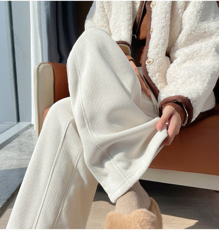 High Waist Warm Trousers Fashion Winter Fleece Thickened Women's Pants Solid Color Loose Elastic Waist Straight Casual Pants