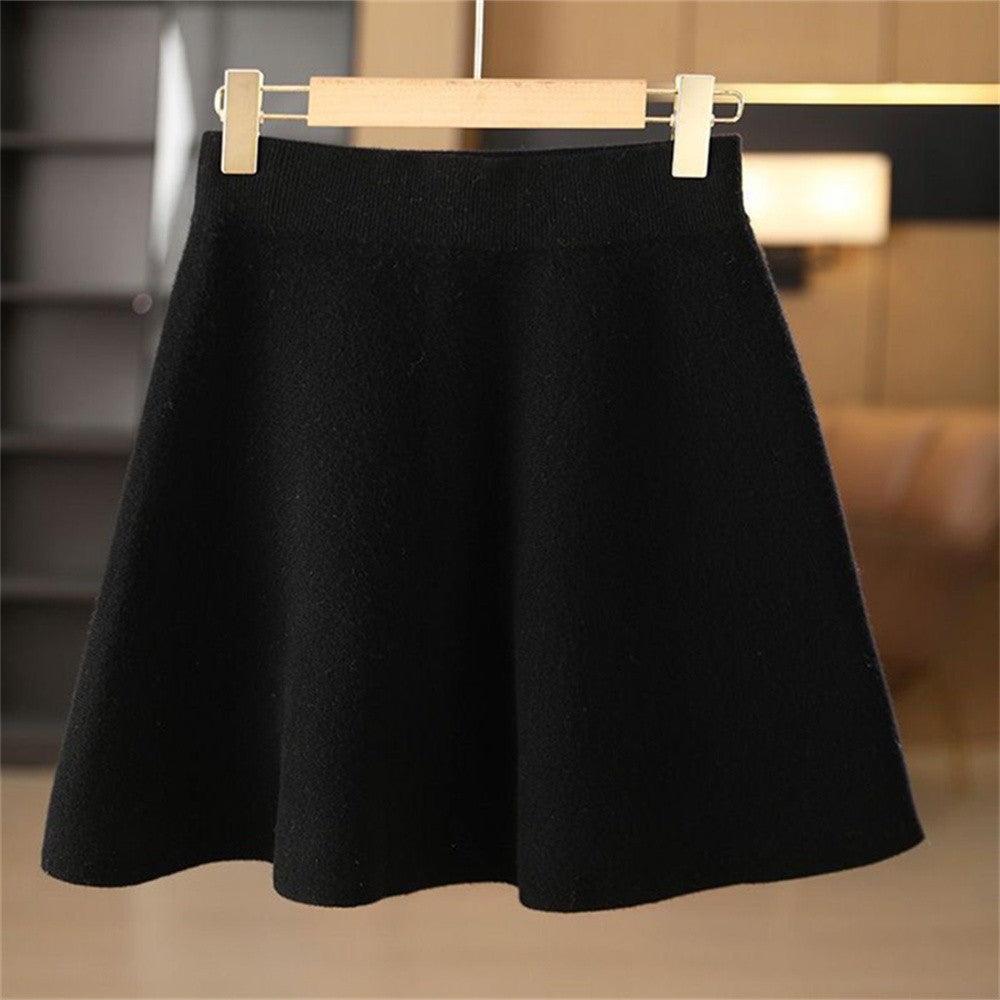 Women’s Wool Skirt Autumn Winter Elastic Waist Mini A-Line Cashmere Skirt Wool Knitted Above Knee Preppy Style Warm Short Skirts