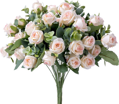 10 Heads pink Artificial Silk Rose Flowers Fake White Eucalyptus  Peony Flower Bouquet, for Home Wedding Party Garden Decoration