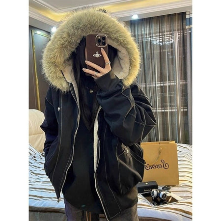 American Street Fur Collar Zipper Hooded Jacket Women Autumn Winter Retro New Velvet Thickened Warm Fashion Loose Casual Jacket