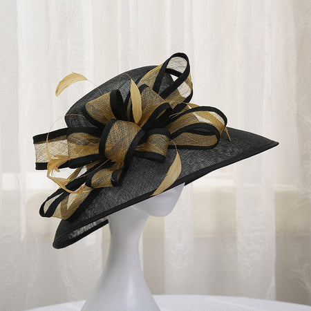 Double hemp yarn pattern design feather accessories big brim sun hat elegant banquet hat wedding beach vacation equestrian hat