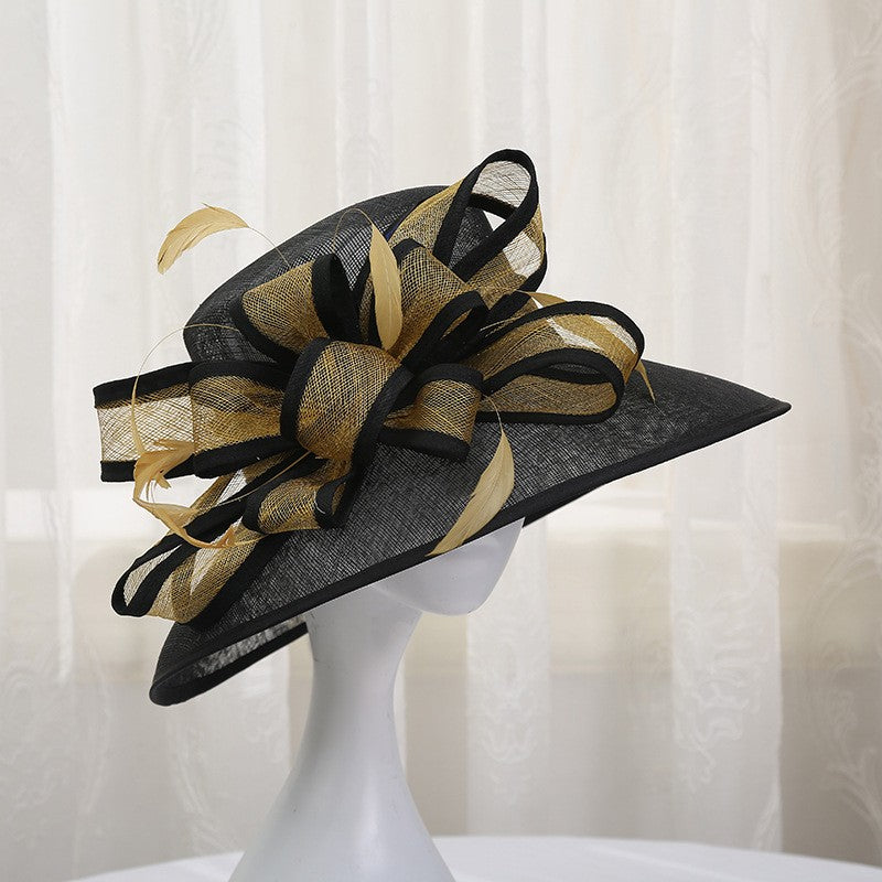Double hemp yarn pattern design feather accessories big brim sun hat elegant banquet hat wedding beach vacation equestrian hat