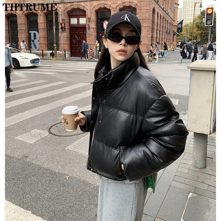 Autumn Winter Warm PU Jackets Fashion Women Long Sleeve Korean Thick Loose Coats Casual Office Lady Commute Lapel New Outerwear