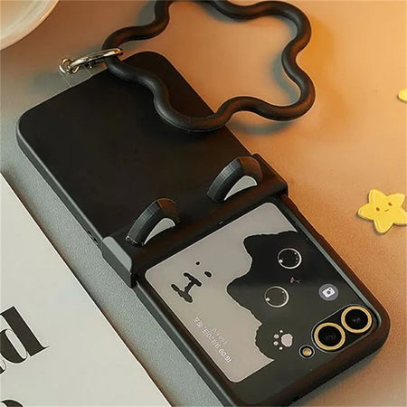 Korean Japan Cute Cat Ears Black Phone Case For For Motorola Razr 60 50ultra Razr 40 Ultra For Samsung Galaxy Z Flip 7/6/5/4/3