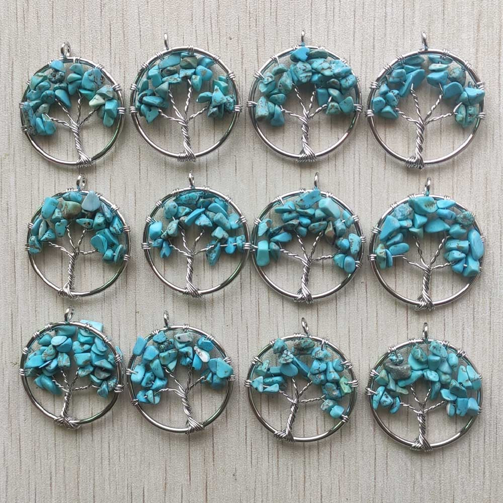 Natural Amethysts Roses Quartz Stone Handmade Wire Wrapped Tree of Life Pendants 30mm for Jewelry Marking Wholesale 12pcs/lot