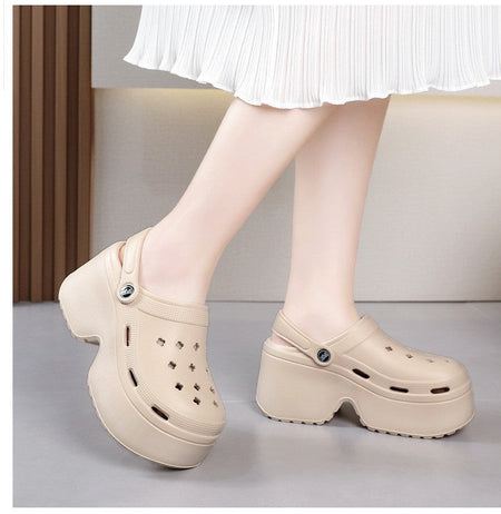 9CM Thick Women's Sandals 2024 New Summer Slippers High Heel Soft Sole Beach Garden Shoes Outdoor Waterproof Women's Hole Shoes