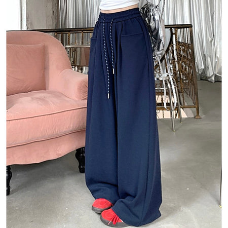 2024 Autumn Women Hip Hop Style Baggy High Waisted Long Pants Lady Versatile Streetwear Solid Color Drawstring Wide Leg Trousers