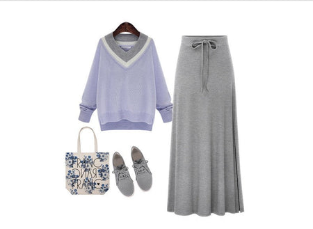 Plus size women's fashionable knitted half skirt high waist slit A-line skirt high stretch ankle length mid length skirt
