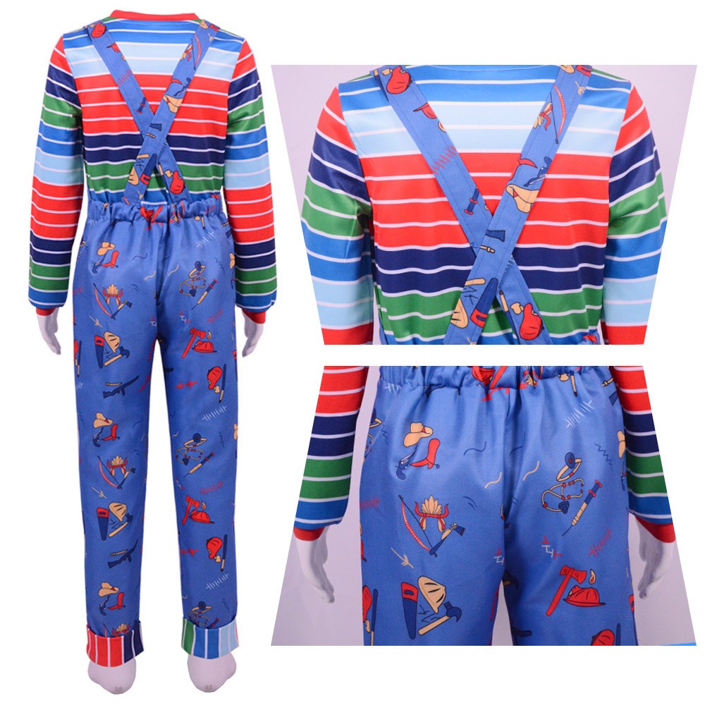 Movie Horror  Chucky  Adult Chucky Cosplay Costume with Striped Shirt and Jumpsuit for Chucky Overalls Halloween Costumes
