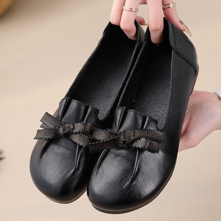 Vintage Plain Oxfords Shoes Women's Genuine Leather Flats Ladies Laced Up Moccasins Elderly Woman Square Toe Driving Loaferss