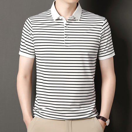 2024 Men's New Striped Cotton Business Casual Short Sleeved POLO Shirt Fashion Short Sleeved Comfortable and Breathable Top