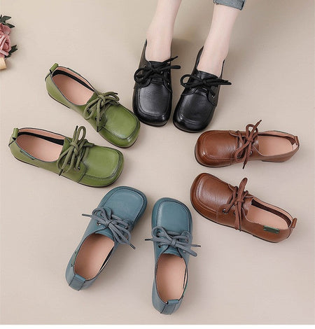 Vintage Plain Oxfords Shoes Women's Genuine Leather Flats Ladies Laced Up Moccasins Elderly Woman Square Toe Driving Loaferss