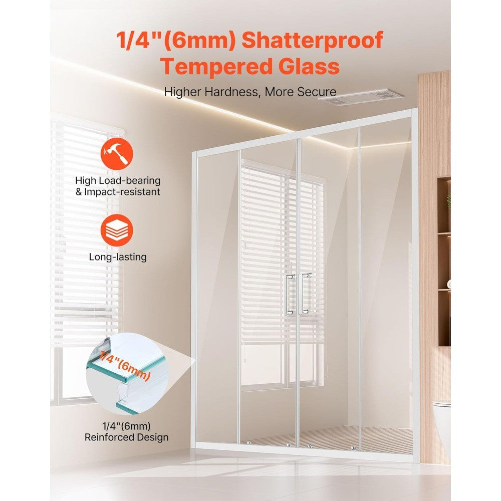 Semi-Frameless Shower Door, 57.8-59 W x 70 H in, Double Sliding Glass Door with 1/4 in(6mm) Clear Tempered Glass, Waterproof