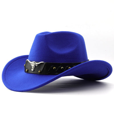 New Western Cowboy Hat Roll Brim Cowgirl Cap Cowboy Jazz Fedora Hats Felt Cap with Cow Band for Women Men
