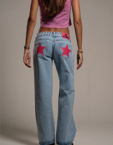 Y2K Women's Straight Leg Jeans Personalized Lucky Star Texture Retro Baggy Jeans Stylish High Street Willow Nail Low Waist Jeans
