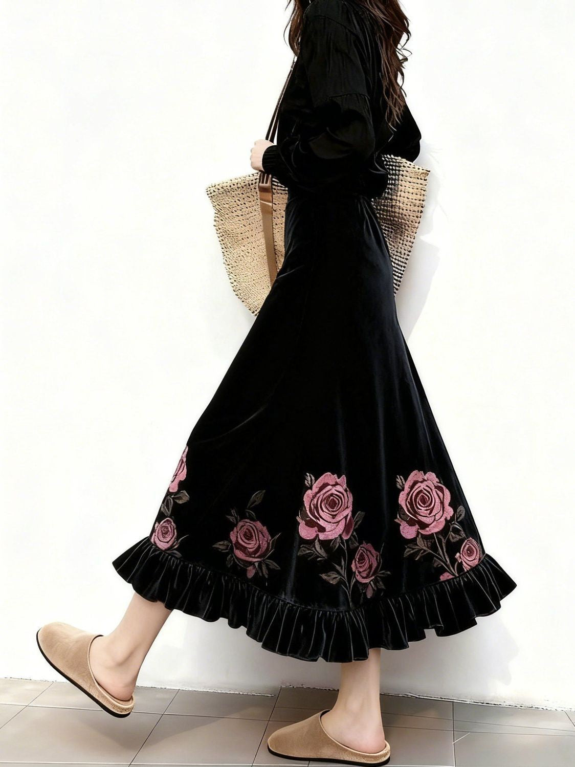 Women Clothes Autumn Winter Fashion Simplicity All-match Printing Solid Color Female Temperament Pleuche High Waist A-line Skirt