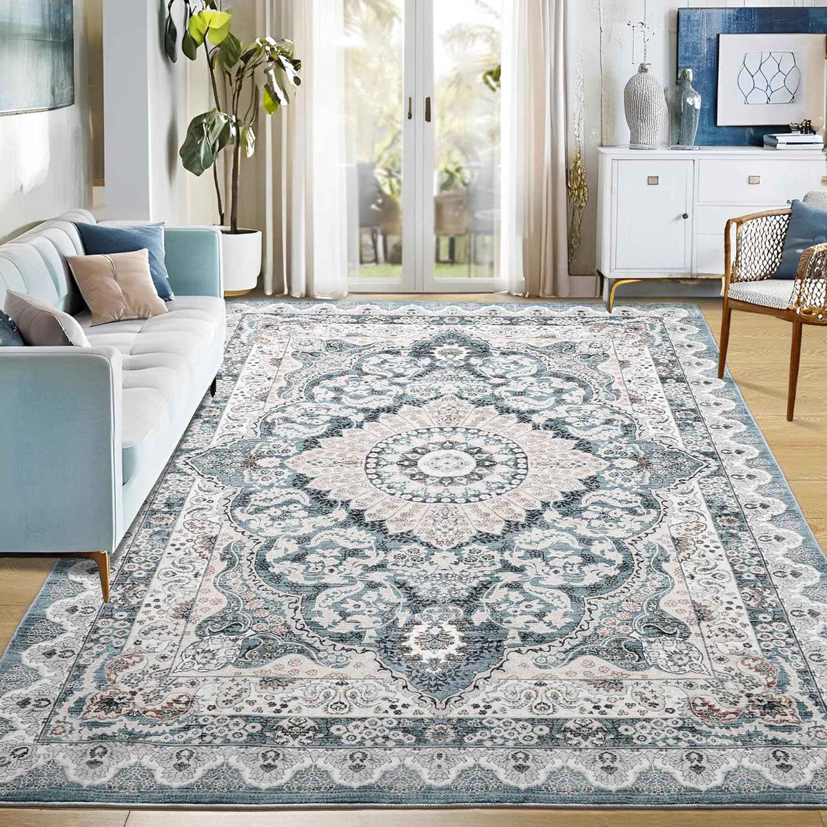 Area Rugs for Living Room, Machine Washable Vintage Rug, Non-Slip Low Pile Throw Rugs with Rubber Backing Washable Carpet