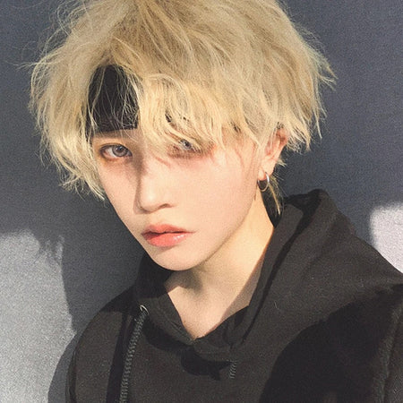 OLACARE Short Mullet Head Wigs with Bangs Synthetic Straight Anime Men Black White Gray Green Hair Wig for Daily Party Cosplay