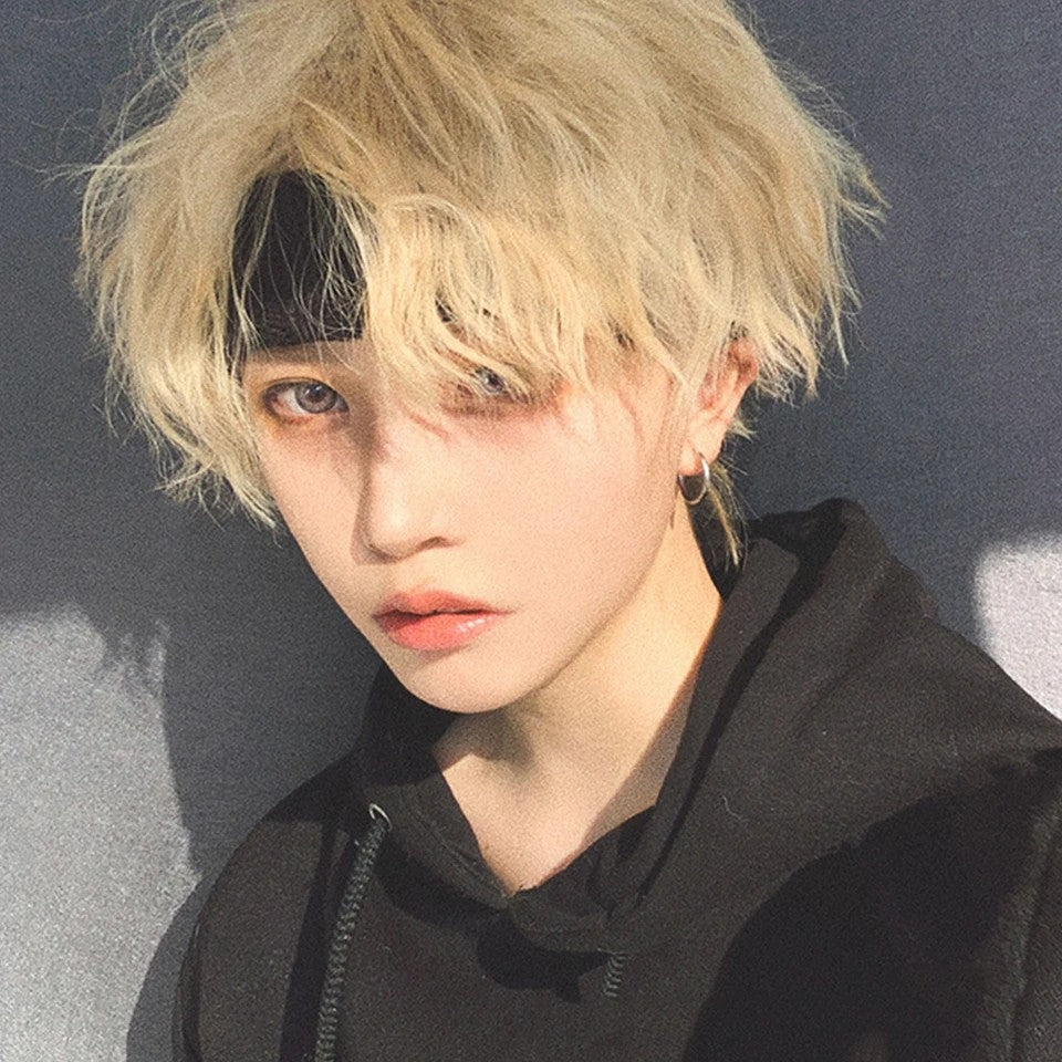 OLACARE Short Mullet Head Wigs with Bangs Synthetic Straight Anime Men Black White Gray Green Hair Wig for Daily Party Cosplay