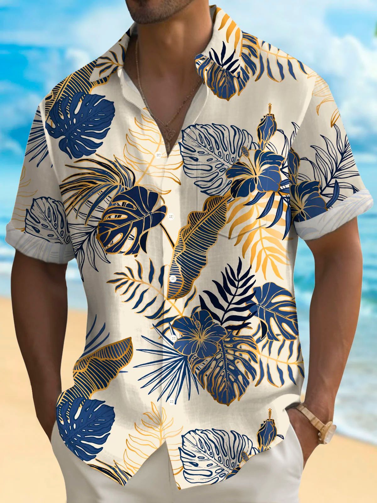 Hawaiian Plant Golden Leaves 3D Print Men's hawaiian Shirt Outdoor Street Casual Summer Turndown Short Sleeve Polyester Shirt