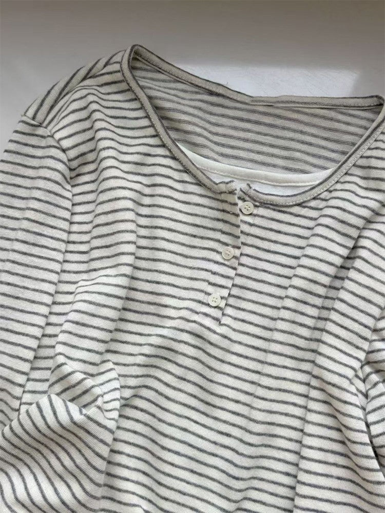 Stripe Button Long Sleeve T-shirt Slim Fit Fake Two-piece Women's Top 2025 Autumn Fashion Casual Long Sleeve Tops