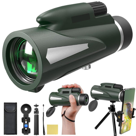10X monocular telescope, paired with a phone tripod and fixture, used for outdoor bird watching, hiking, camping, traveling, lea