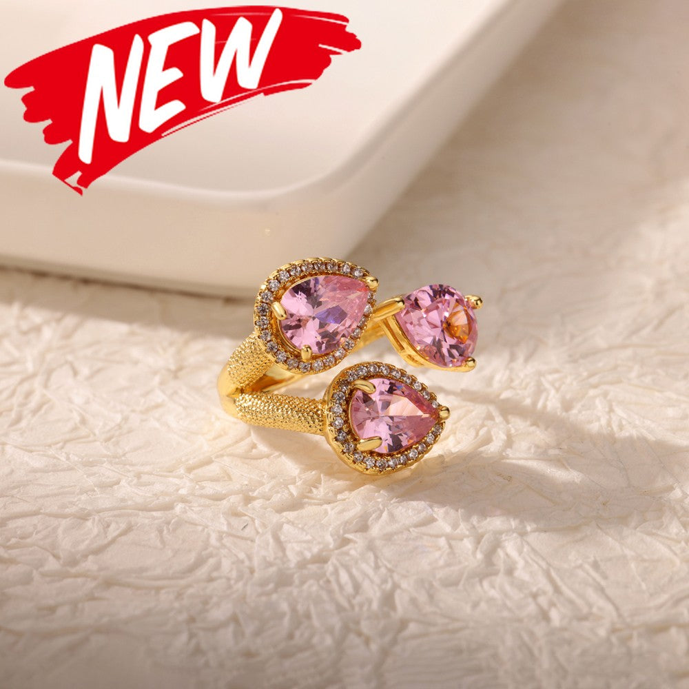 Luxury Stainless Steel Rings Gold Plated Colorful Stone Zircon Crystal Heart Ring For Women Wedding Boho Jewelry Christmas Gift