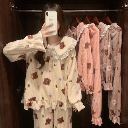 Warm Sleepwear Small Bear Peach Coral Velvet Two-Piece Set Women Pajamas Autumn and Winter Thickening Home Wear School Sleepwear