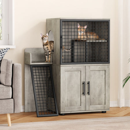 Cat Litter Box Enclosure with Platform,Double Layer Cat Litter Hidden Furniture,Cat Washroom Furniture,Cat House with Ladder