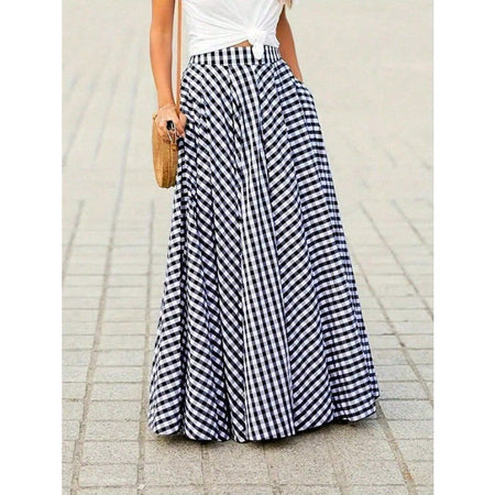 Plus Size Elegant High-Waisted Long Dress For Women Summer Commuting Plaid Big Skirt Wide Leg Design Female Fashion