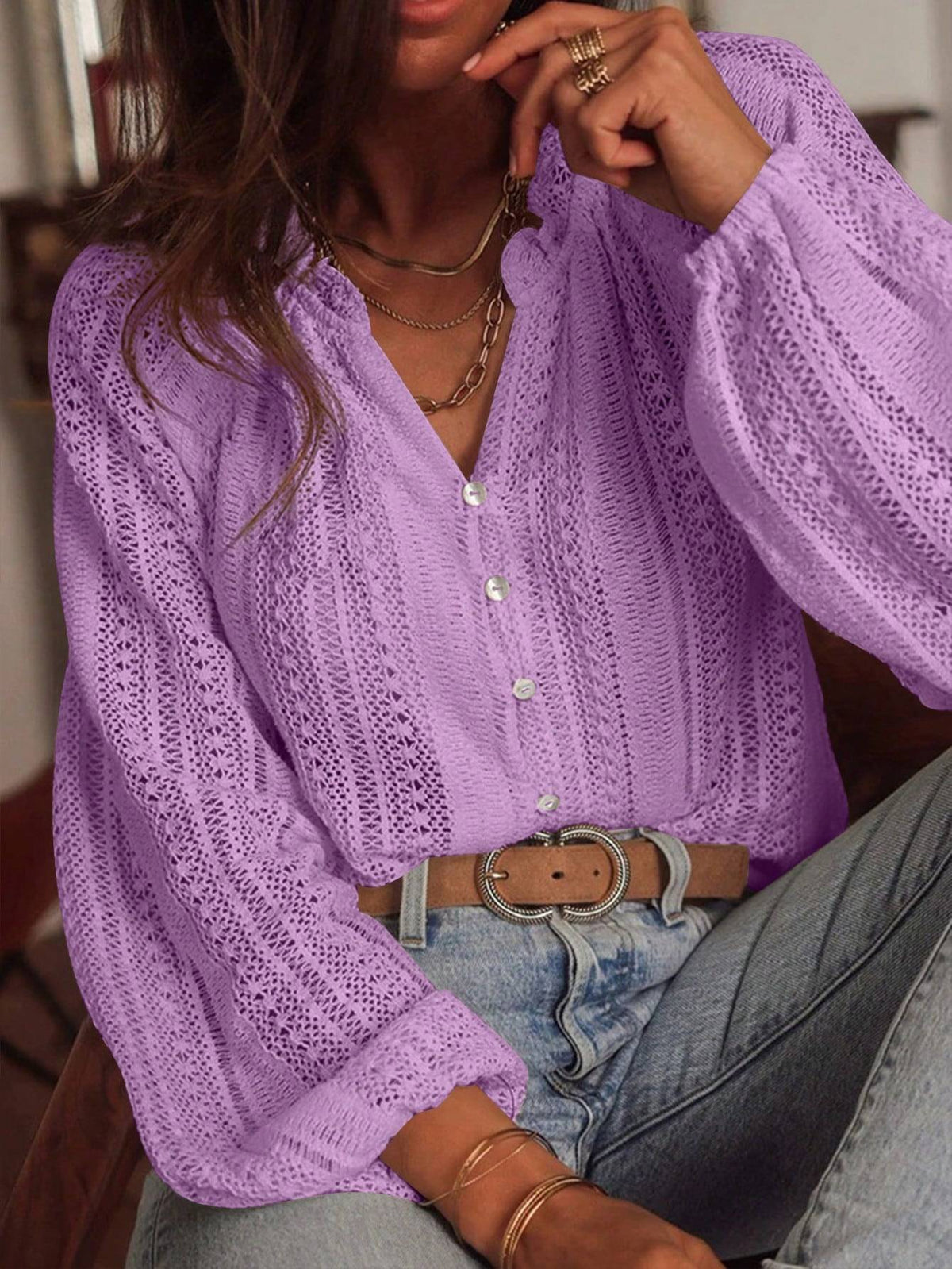 2025 Spring and Autumn Long Sleeve Women's Shirt Loose Fashion All-Match Hollow Lace V-neck Single Breaked Blouses