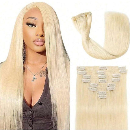 8pcs Clip In Hair Extensions Real Human Hair Clip Ins Human Hair Extension With 18 Clips Double Weft For Women Blonde Color #613