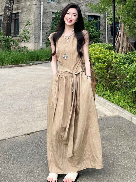 French Riviera Maxi Dress Women Sleeveless Vacation Wear Sculpted Waist Effortless Elegance Seaside Aesthetic Minimalist Luxury