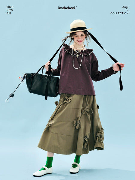 imakokoni 2025 Early Autumn Artistic Washed Braided Bow Half-Dress Casual Retro Women's A-Line Skirt255188