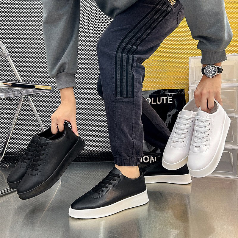 Fashion Thick Sole Black White Soft Men Leather Shoes Platform Men Casual Board Shoes Walking Sport Shoes Lightweight Work Shoes
