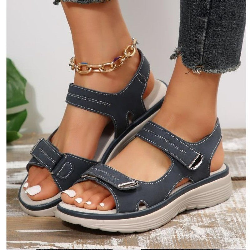 New Brand Hook Loop Sandals Women Summer Leather Light Leisure Wedge Platform Shoes Blue Girls Outside Anti-slide Apricot 42