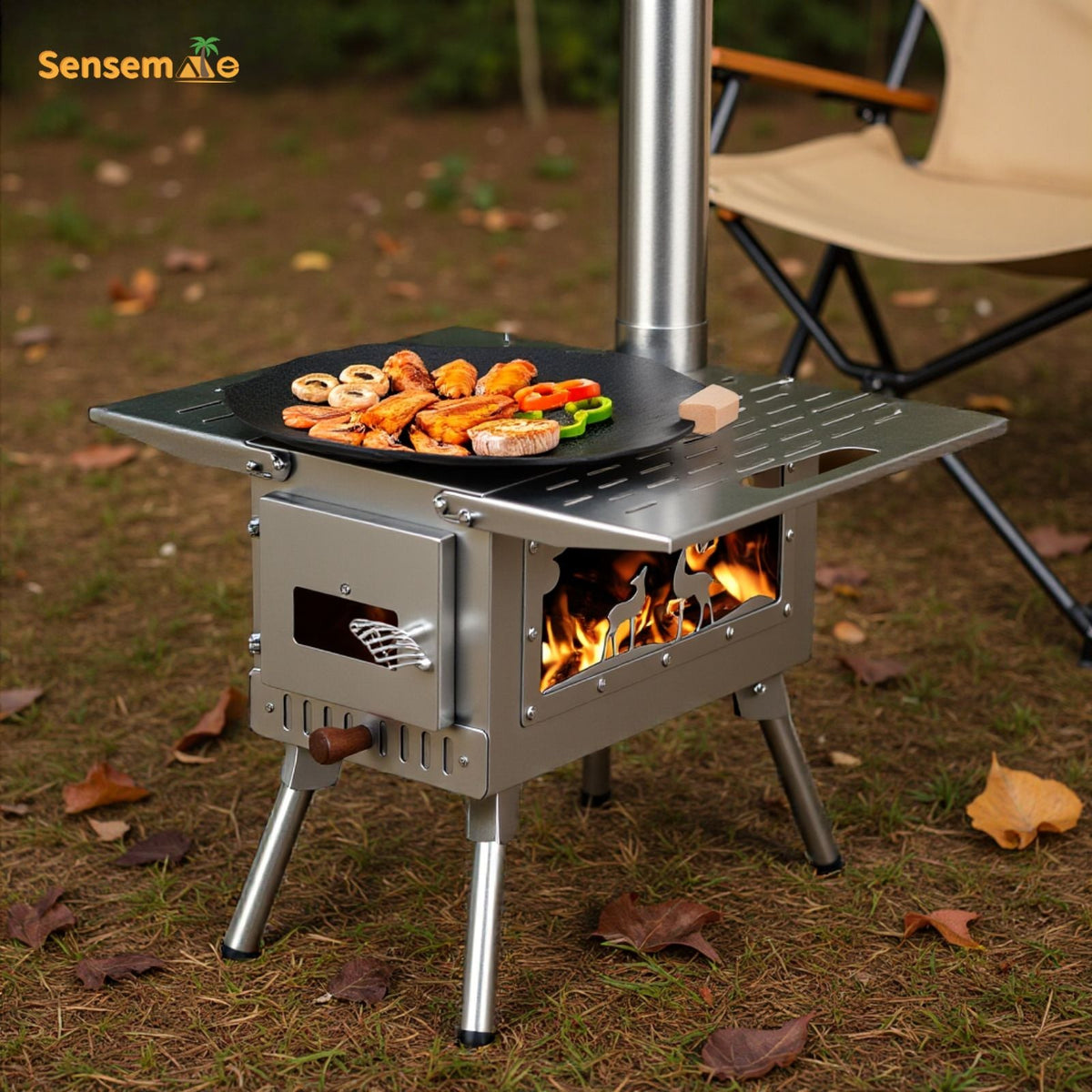 Hot Tent Wood Burning Stove Folding Stainless Steel 5-Section Chimney Outdoor Camping Wood Heater with Cooking Wing Panels