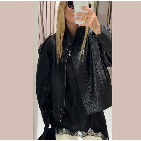 Street Stand Collar Women's Leather Jacket Loose Long Sleeve Zipper Pockets Chic Female Coats 2025 Autumn Winter Lady Outerwear