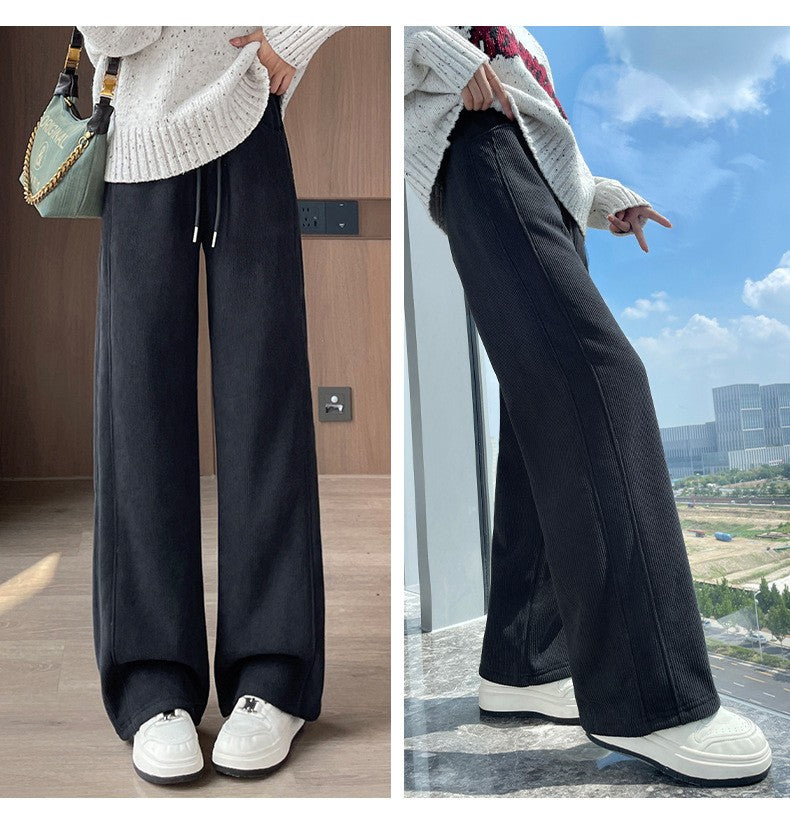 High Waist Warm Trousers Fashion Winter Fleece Thickened Women's Pants Solid Color Loose Elastic Waist Straight Casual Pants