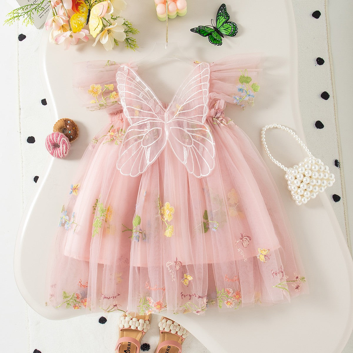Summer New Sweet Butterfly Wing Baby Girl Princess Dress, Floral Chiffon Wedding Party Children'S Sleeveless Clothes (0-4 Years?